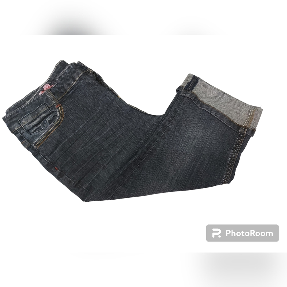 Cleo Denim Pedal Pushers Capris Distressed and Embroidered Patch Petite